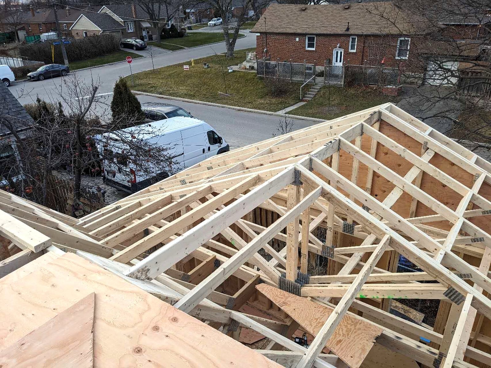 Roof trusses of a laneway house with the street below