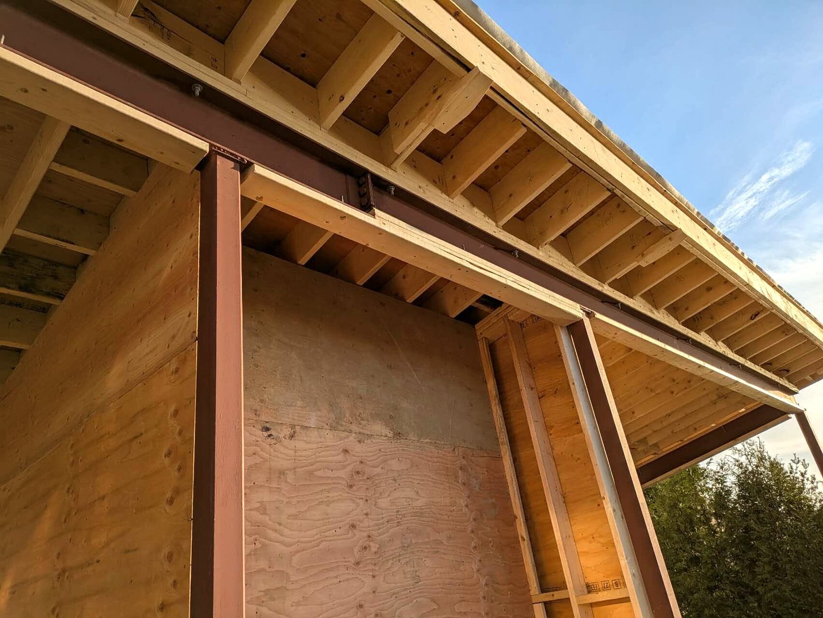 Steel post and roof framing detail of a pool cabana
